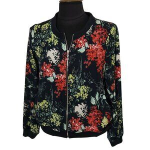 Nue Options Petite PS Floral Bomber Style Top With Zipper Front & Ribbed Trim